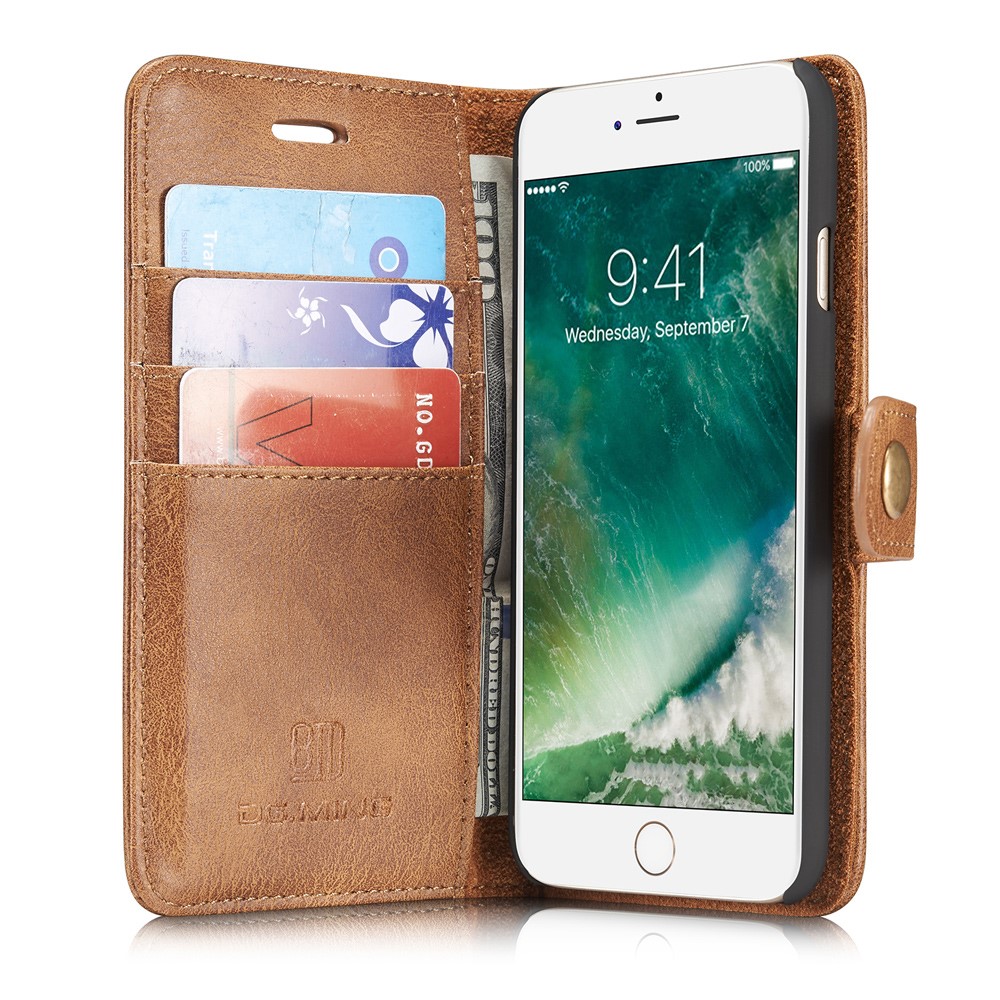 DG.MING for iPhone 7 2-In-1 Split Leather Wallet Cover PC Shell - Brown-6