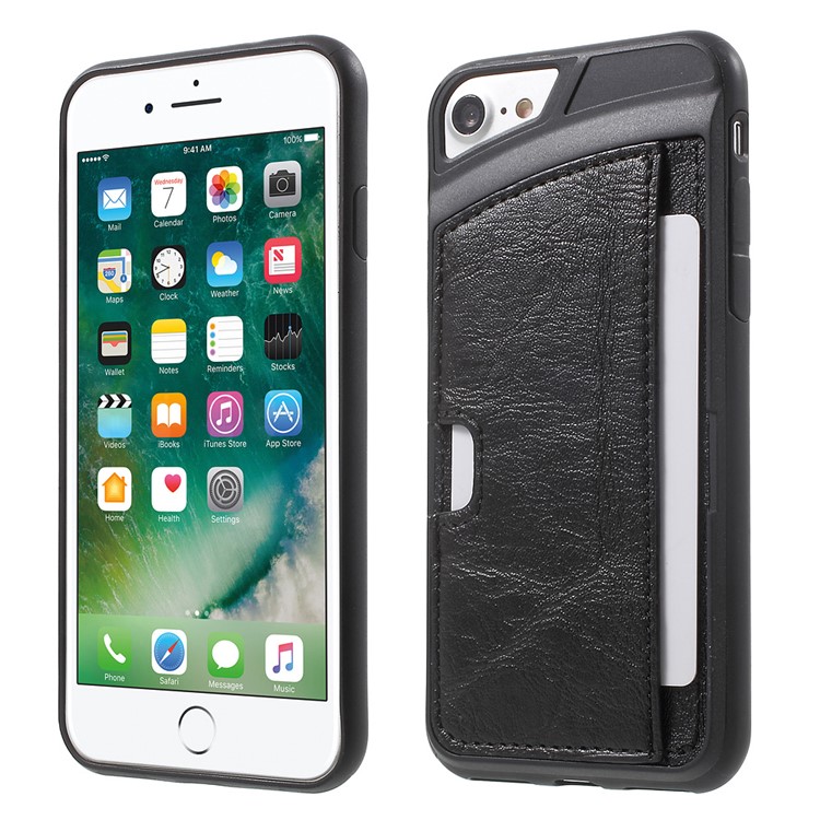 Leather Coated Flexible TPU Back Phone Case with Card Holder for iPhone 7 - Black-1