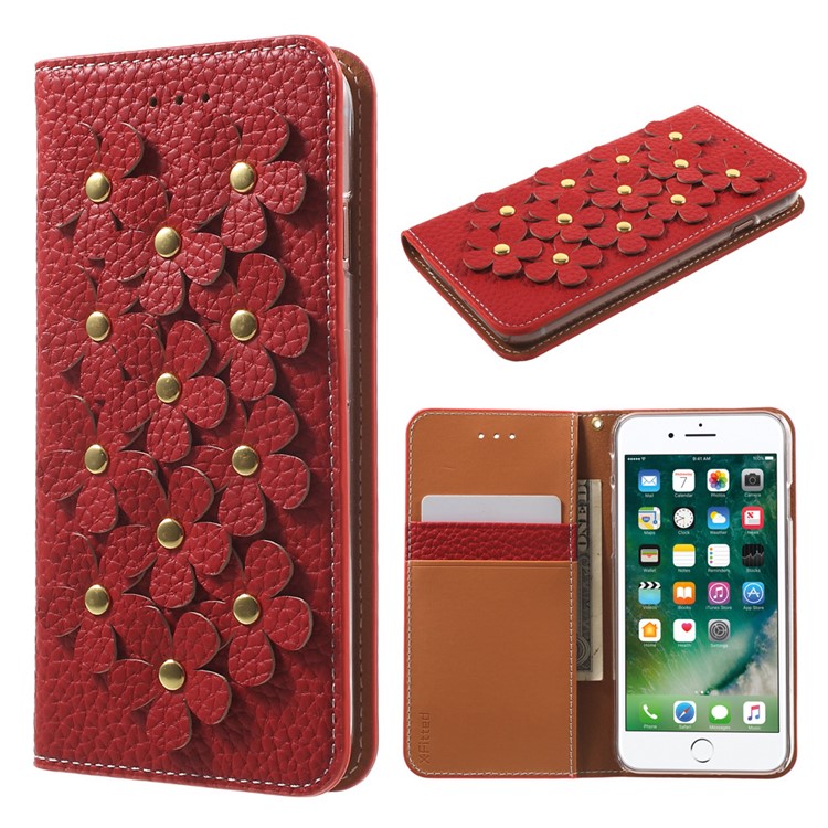 X-FITTED 3D Flowers Wallet Genuine Leather Case for iPhone 7 4.7 Inch - Red-1