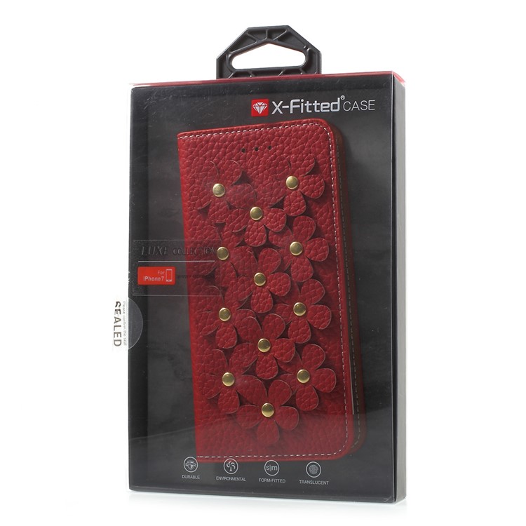 X-FITTED 3D Flowers Wallet Genuine Leather Case for iPhone 7 4.7 Inch - Red-10
