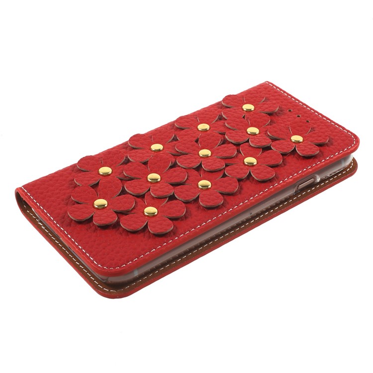 X-FITTED 3D Flowers Wallet Genuine Leather Case for iPhone 7 4.7 Inch - Red-3