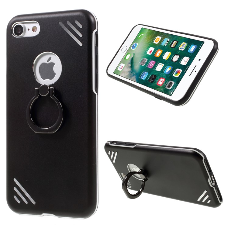 Diagonal Stripes Finger Ring Holder Metal + TPU Case for iPhone 7 4.7 Inch - Black-1