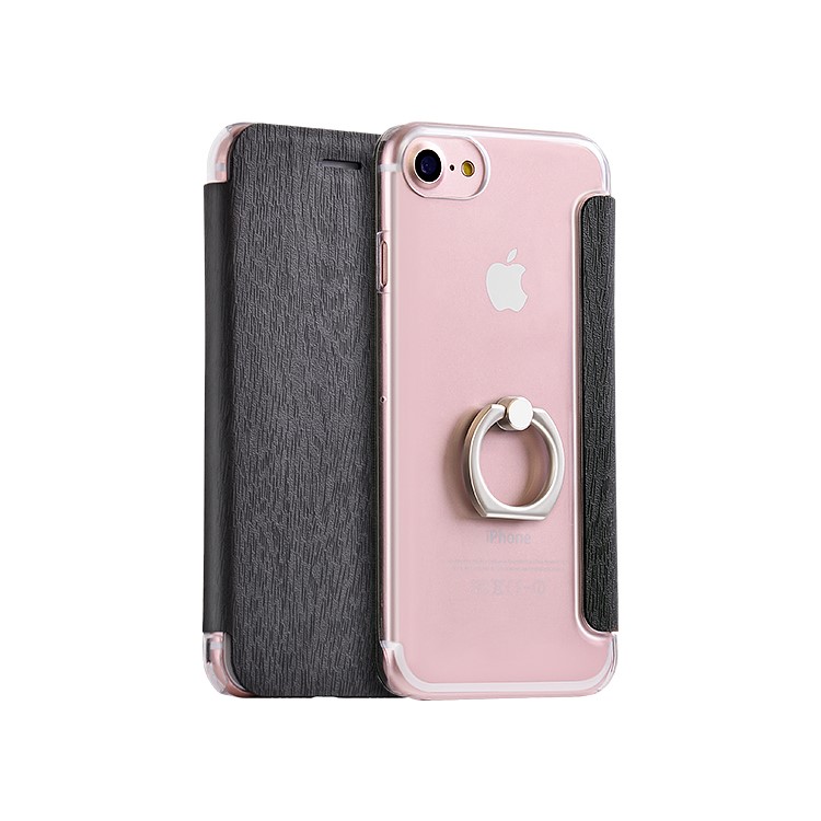 HOCO Wood Texture Leather Flip Case for iPhone 7 with Finger Holder - Black-1