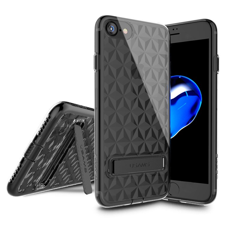 USAMS 3D Rhombic Pattern Clear TPU Case with Plastic Kickstand for iPhone 7 4.7 inch - Black-1