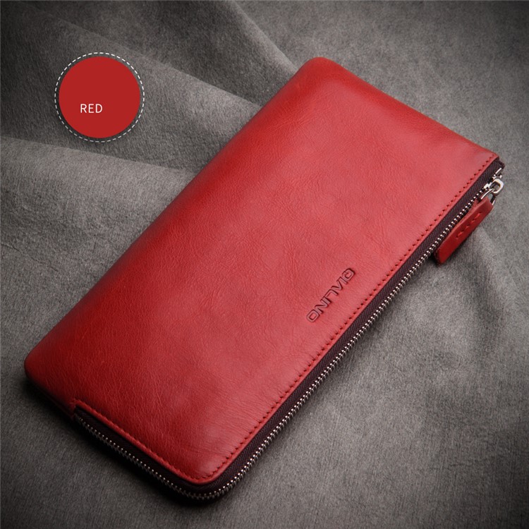 QIALINO Oil Wax Genuine Leather Pouch Clutch Purse for iPhone 7 Plus/7 Etc - Red-2