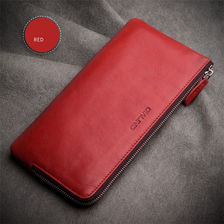 QIALINO Oil Wax Universal Genuine Leather Wallet Pouch Case for iPhone 7 Plus/6s Plus Etc, Size: 210 x 100mm - Red-2