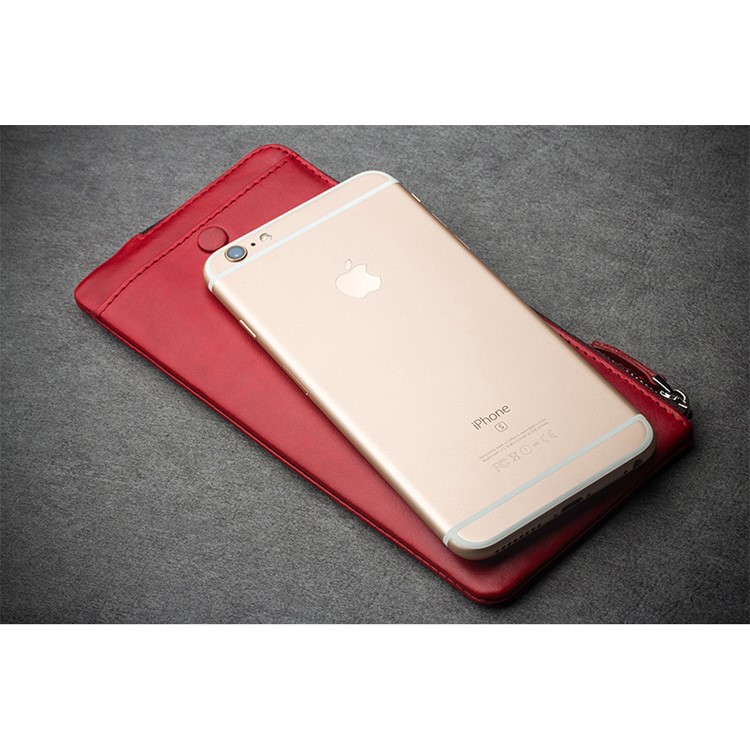 QIALINO Oil Wax Universal Genuine Leather Wallet Pouch Case for iPhone 7 Plus/6s Plus Etc, Size: 210 x 100mm - Red-3
