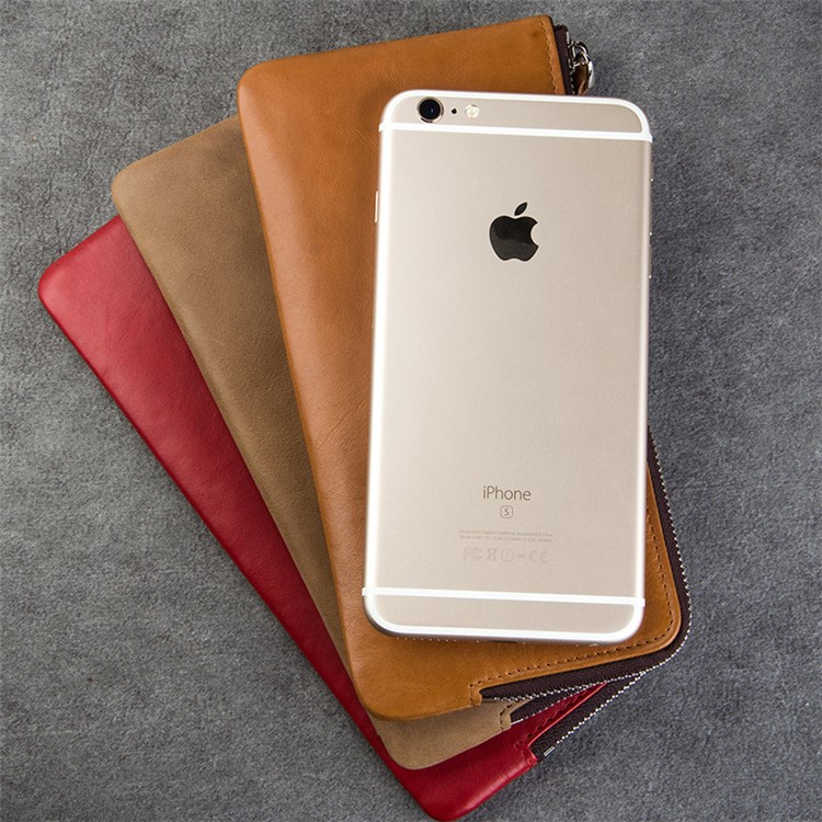 QIALINO Oil Wax Universal Genuine Leather Wallet Pouch Case for iPhone 7 Plus/6s Plus Etc, Size: 210 x 100mm - Red-4