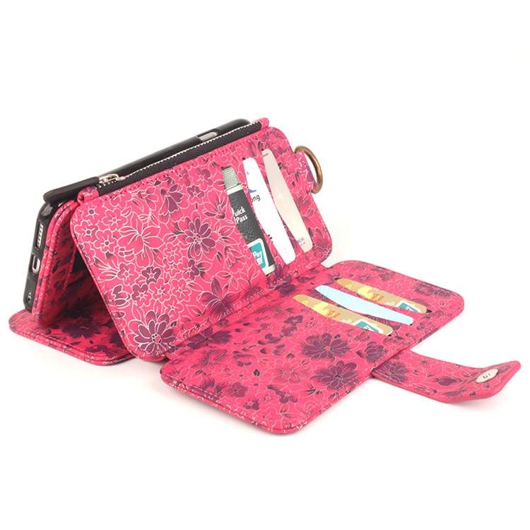 Flower Pattern 2 in 1 Magnetic Absorbed Multi-slot Wallet Leather Case for iPhone 6S / 6 - Red-14