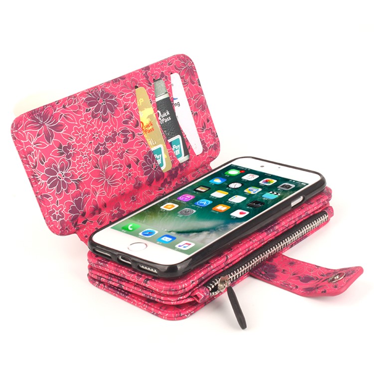 Flower Pattern 2 in 1 Magnetic Absorbed Multi-slot Wallet Leather Case for iPhone 7 4.7 - Red-12