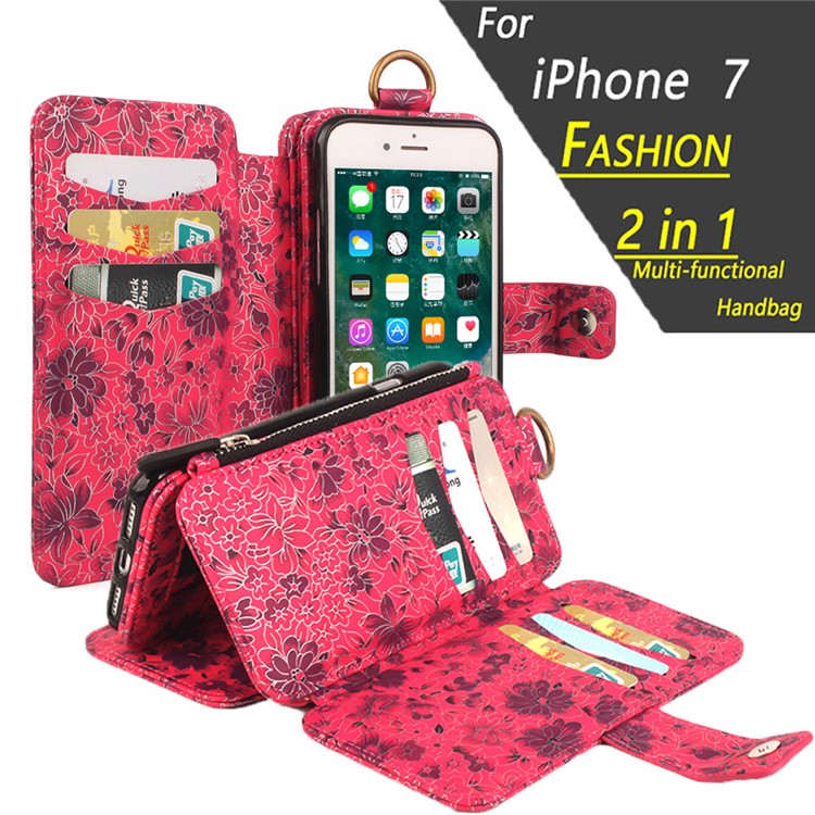 Flower Pattern 2 in 1 Magnetic Absorbed Multi-slot Wallet Leather Case for iPhone 7 4.7 - Red-2