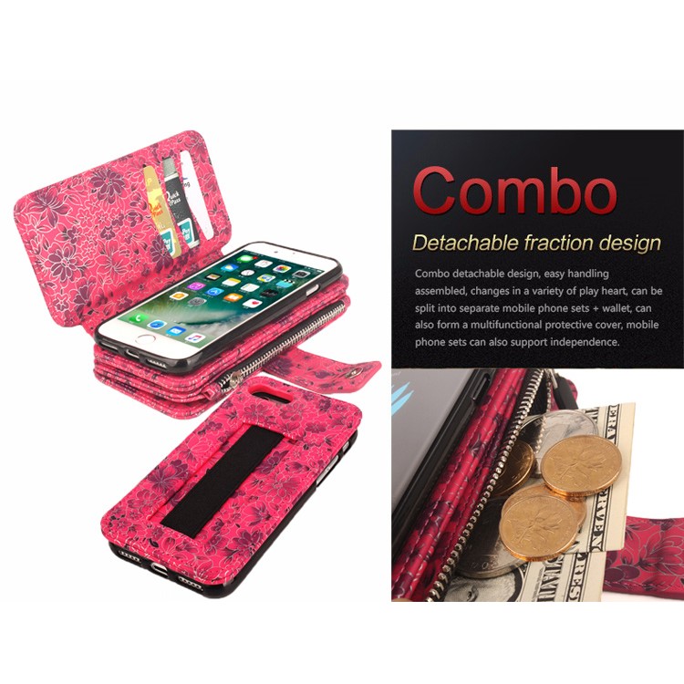 Flower Pattern 2 in 1 Magnetic Absorbed Multi-slot Wallet Leather Case for iPhone 7 4.7 - Red-5