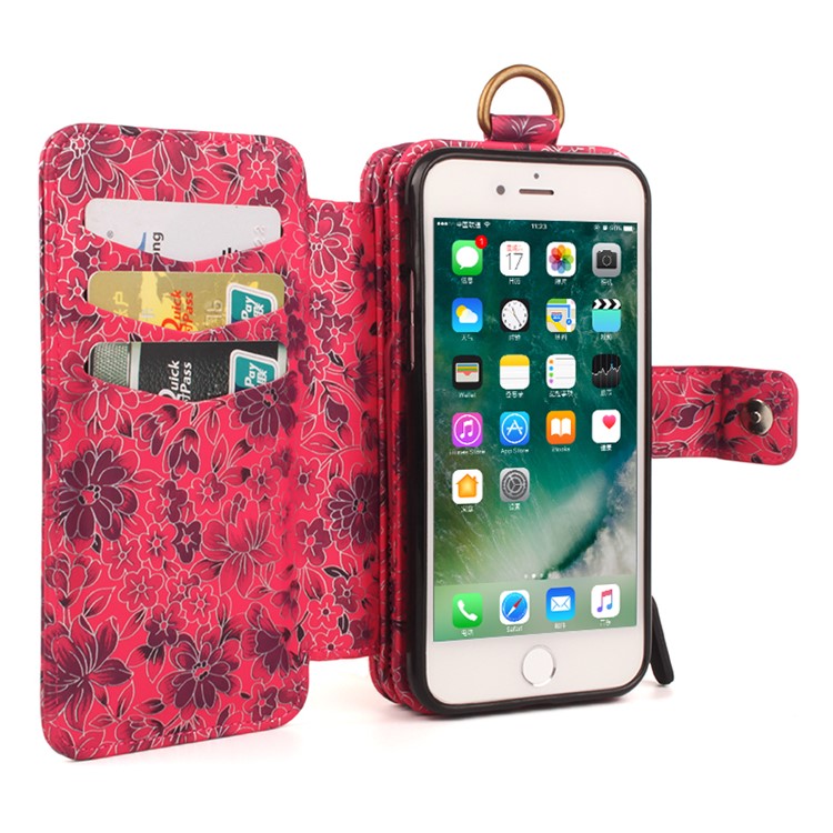 Flower Pattern 2 in 1 Magnetic Absorbed Multi-slot Wallet Leather Case for iPhone 7 4.7 - Red-6