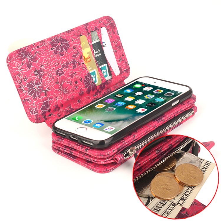Flower Pattern 2 in 1 Magnetic Absorbed Multi-slot Wallet Leather Case for iPhone 7 4.7 - Red-7