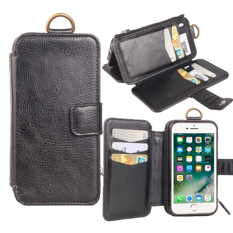 2 in 1 Multi-slot Zipper Wallet Litchi Leather Cover for iPhone 7 - Black-1