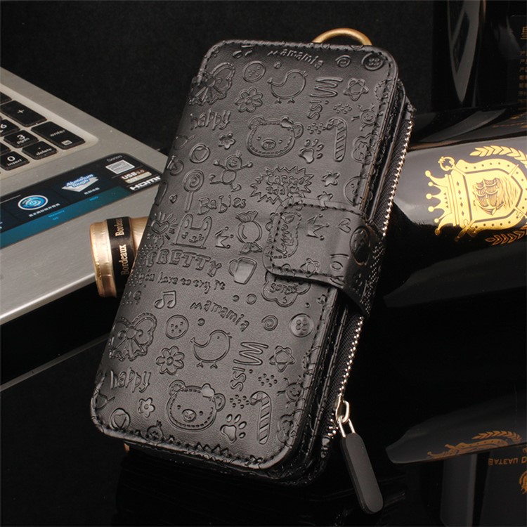 2 in 1 Multi-slot Zipper Wallet Cartoon Graffiti Leather Cover for iPhone 7 - Black-1