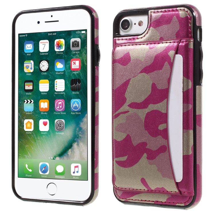 For iPhone 7 Camouflage Leather Coated Card Holder Kickstand TPU PC Hybrid Case - Rose-1