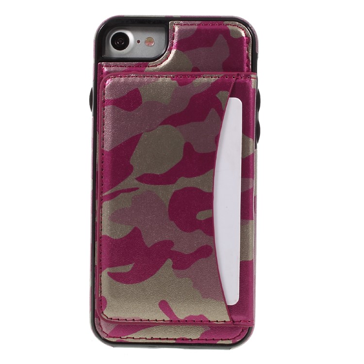 For iPhone 7 Camouflage Leather Coated Card Holder Kickstand TPU PC Hybrid Case - Rose-2