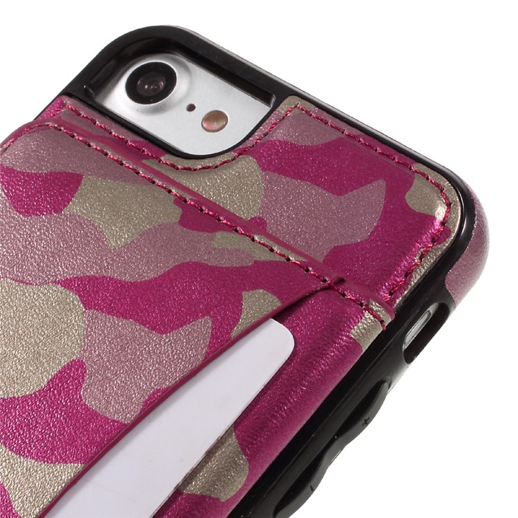 For iPhone 7 Camouflage Leather Coated Card Holder Kickstand TPU PC Hybrid Case - Rose-3