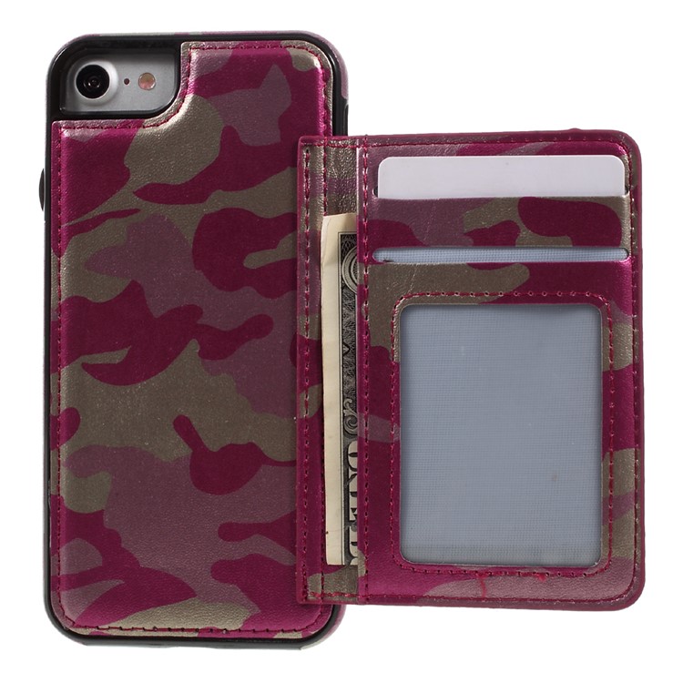 For iPhone 7 Camouflage Leather Coated Card Holder Kickstand TPU PC Hybrid Case - Rose-6