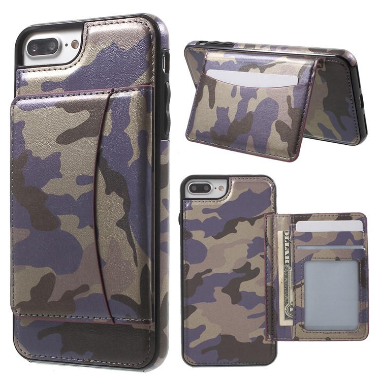 Camouflage Leather Coated Card Holder Kickstand TPU PC Hybrid Back Case for iPhone 7 Plus - Purple-1