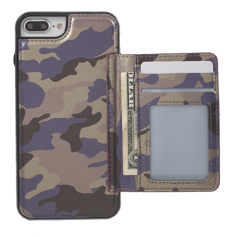 Camouflage Leather Coated Card Holder Kickstand TPU PC Hybrid Back Case for iPhone 7 Plus - Purple-2