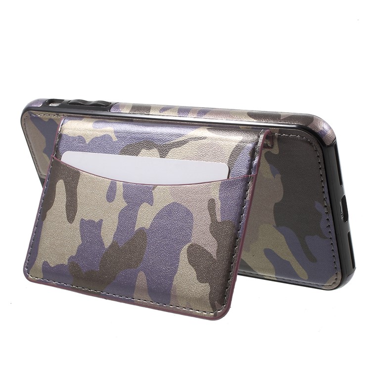 Camouflage Leather Coated Card Holder Kickstand TPU PC Hybrid Back Case for iPhone 7 Plus - Purple-5