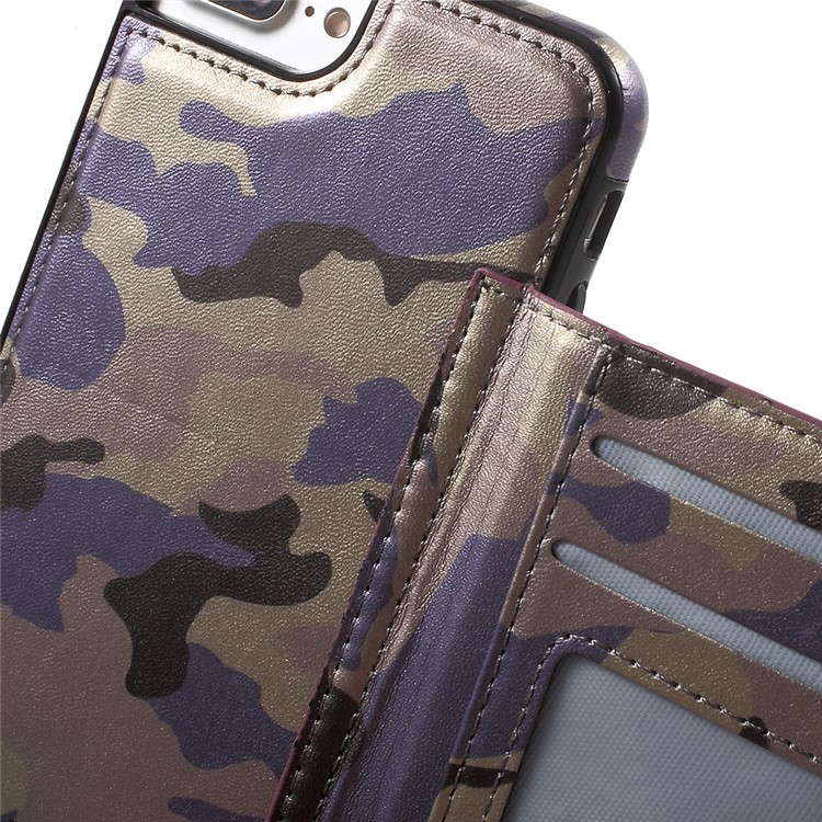 Camouflage Leather Coated Card Holder Kickstand TPU PC Hybrid Back Case for iPhone 7 Plus - Purple-7
