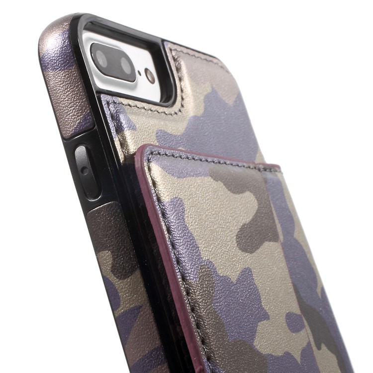 Camouflage Leather Coated Card Holder Kickstand TPU PC Hybrid Back Case for iPhone 7 Plus - Purple-8