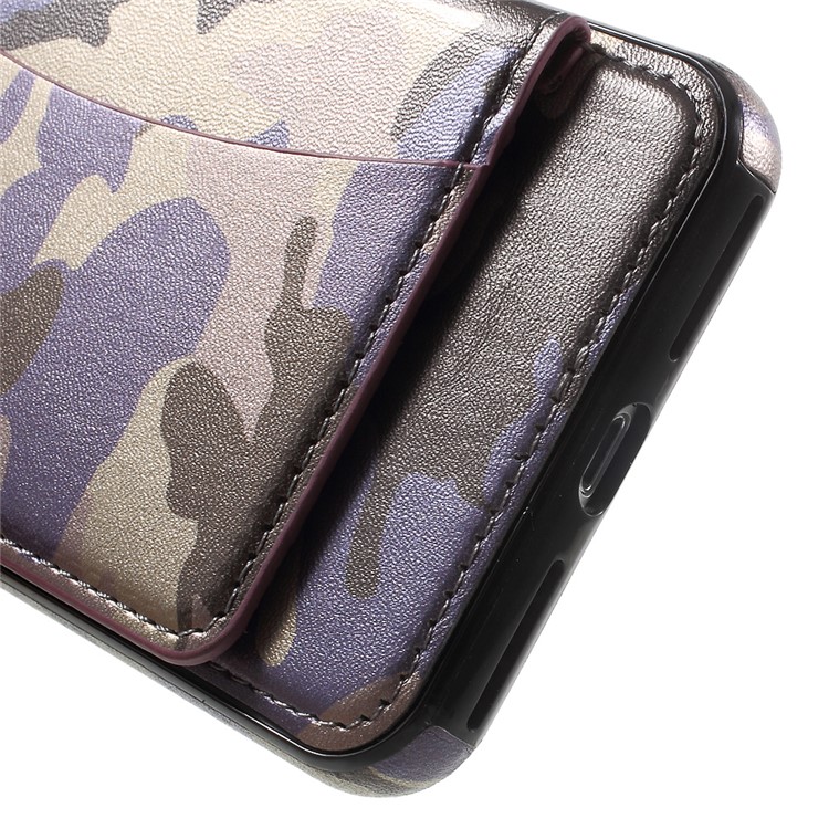 Camouflage Leather Coated Card Holder Kickstand TPU PC Hybrid Back Case for iPhone 7 Plus - Purple-9