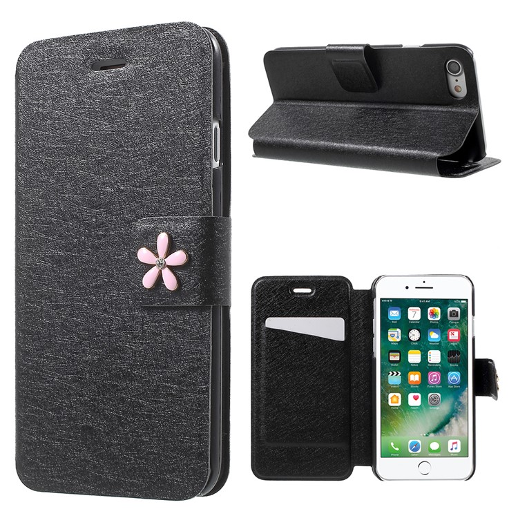 Diamond Flower Decor Silk Texture Leather Case for iPhone 7 4.7 inch - Black-1