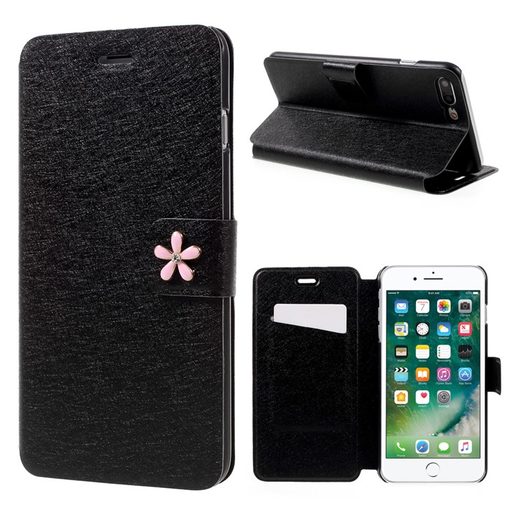 Diamond Flower Decor Silk Texture Leather Case for iPhone 7 Plus 5.5 inch - Black-1
