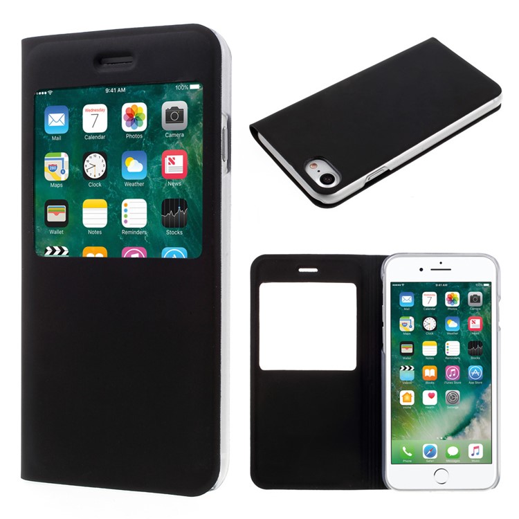 For iPhone 7 4.7 inch View Window Flip Leather Case - Black-1