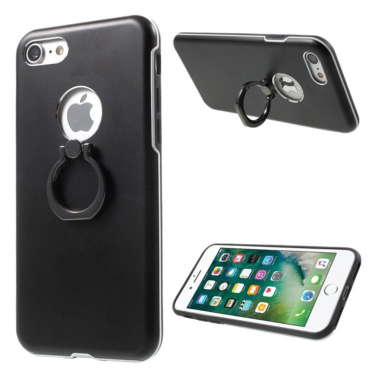 Finger Ring Grip Metal TPU Hybrid Case for iPhone 7 4.7 with Kickstand - Black-1