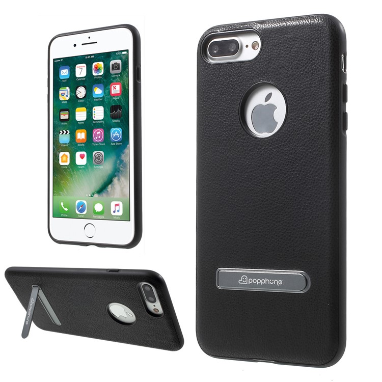 POPPHONE for iPhone 7 Plus Brent Series Leather Coated PC TPU Hybrid Case with Kickstand - Black-1