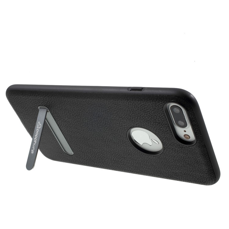 POPPHONE for iPhone 7 Plus Brent Series Leather Coated PC TPU Hybrid Case with Kickstand - Black-3