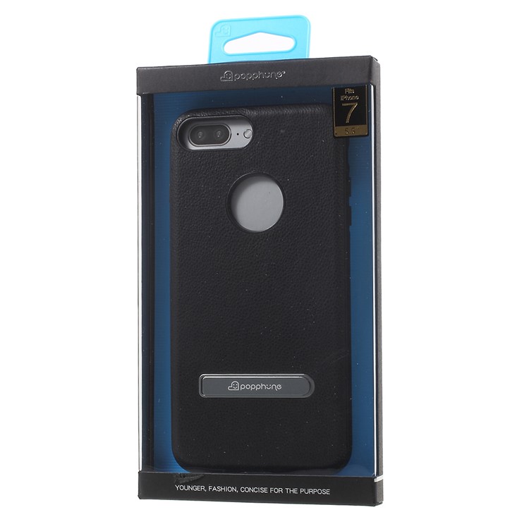 POPPHONE for iPhone 7 Plus Brent Series Leather Coated PC TPU Hybrid Case with Kickstand - Black-8