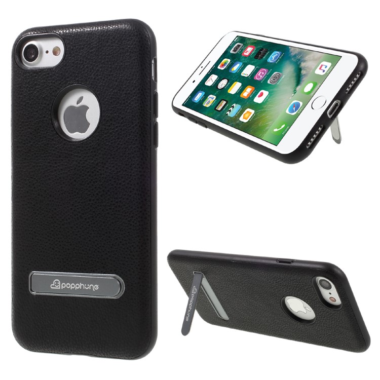 POPPHONE Brent Series Leather Coated PC TPU Hybrid Case for iPhone 7 with Kickstand - Black-1