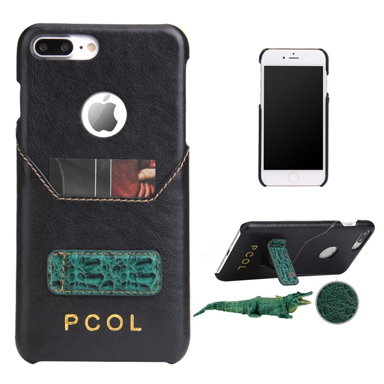 PCOL for iPhone 7 Plus RoHS Crocodile Top-layer Cowhide Leather Kickstand PU Leather Skin Hard Cover - Black-1