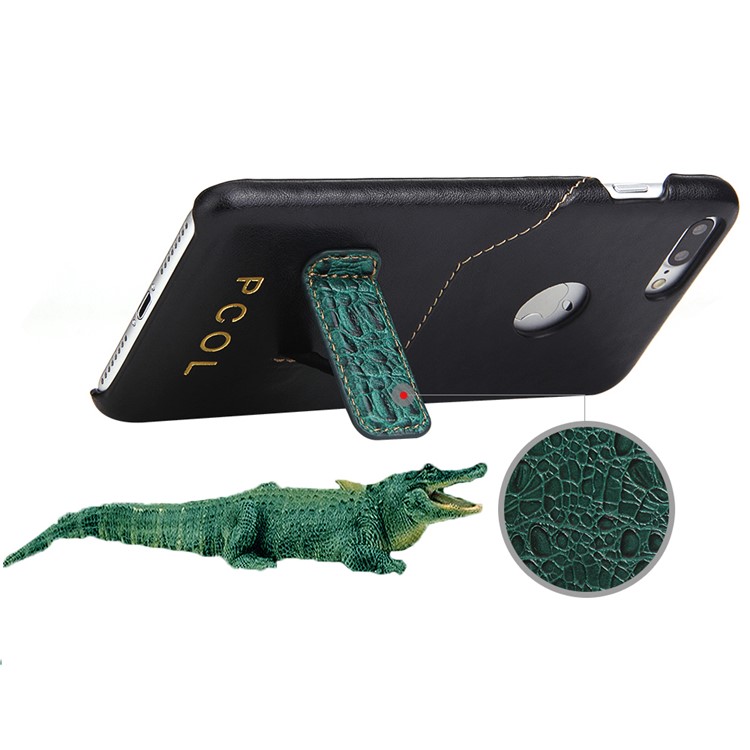 PCOL for iPhone 7 Plus RoHS Crocodile Top-layer Cowhide Leather Kickstand PU Leather Skin Hard Cover - Black-2