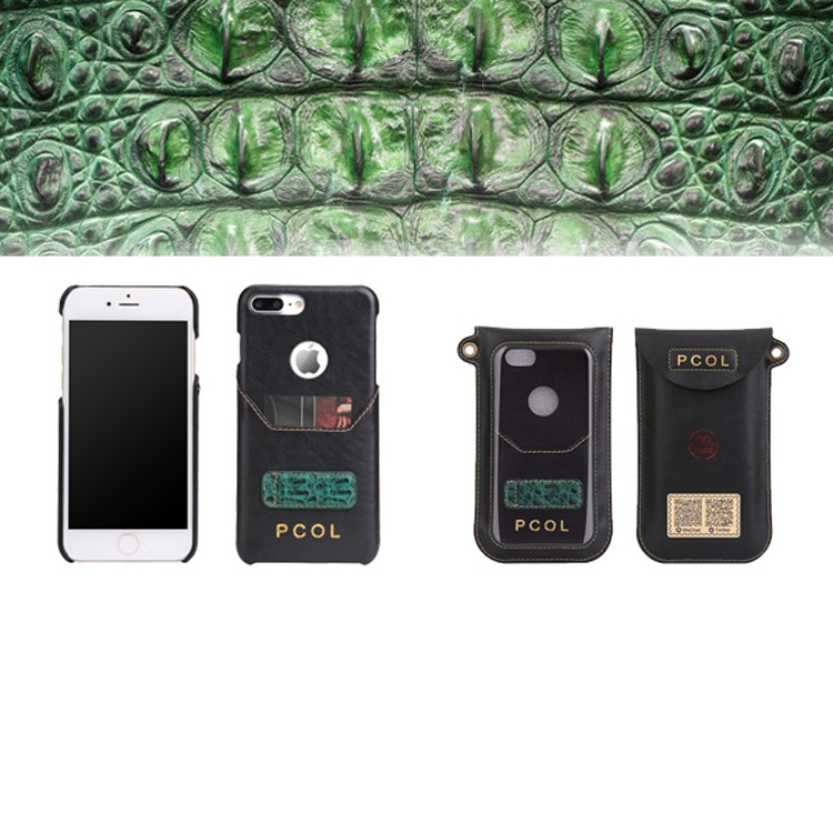 PCOL for iPhone 7 Plus RoHS Crocodile Top-layer Cowhide Leather Kickstand PU Leather Skin Hard Cover - Black-9