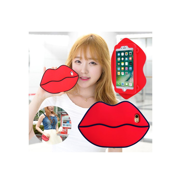 8THDAYS 3D Silicone Protective Bag Case for iPhone 7 4.7 with Metal Chain - Red Lips-1
