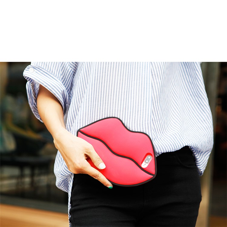 8THDAYS 3D Silicone Protective Bag Case for iPhone 7 4.7 with Metal Chain - Red Lips-12