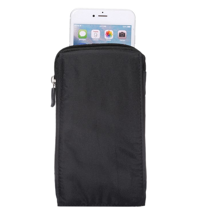 Waterproof Canvas Hook Loop Zipper Pouch for iPhone 8 Plus / X / 7 Plus / Galaxy Note 8, Phones under 6.4 Inch - Black