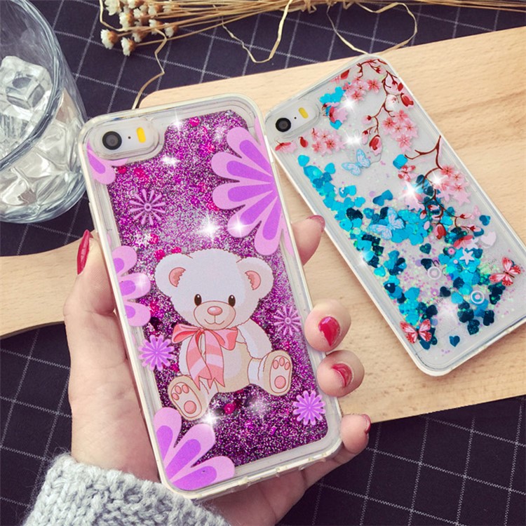 

Glittery Quicksand Liquid TPU Patterned Cover for iPhone Se / 5S / 5 - Purple / Bear and Flowers
