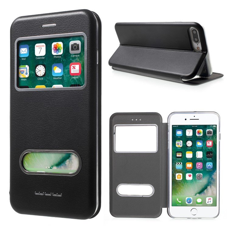 

WUW for iPhone 8 Plus / 7 Plus 5.5 View Window Flip Leather Phone Case Cover with Stand - Black