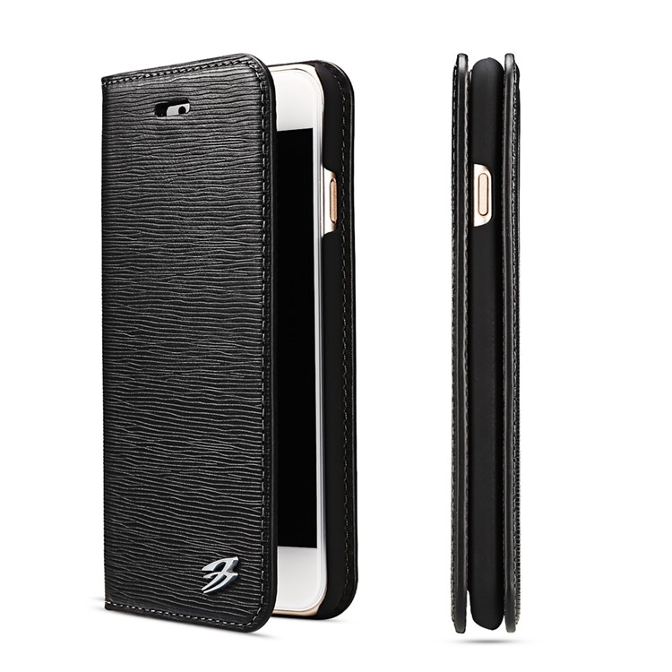 FIERRE SHANN Toothpick Grain Genuine Leather Flip Case for iPhone 7 4.7 Inch - Black-1