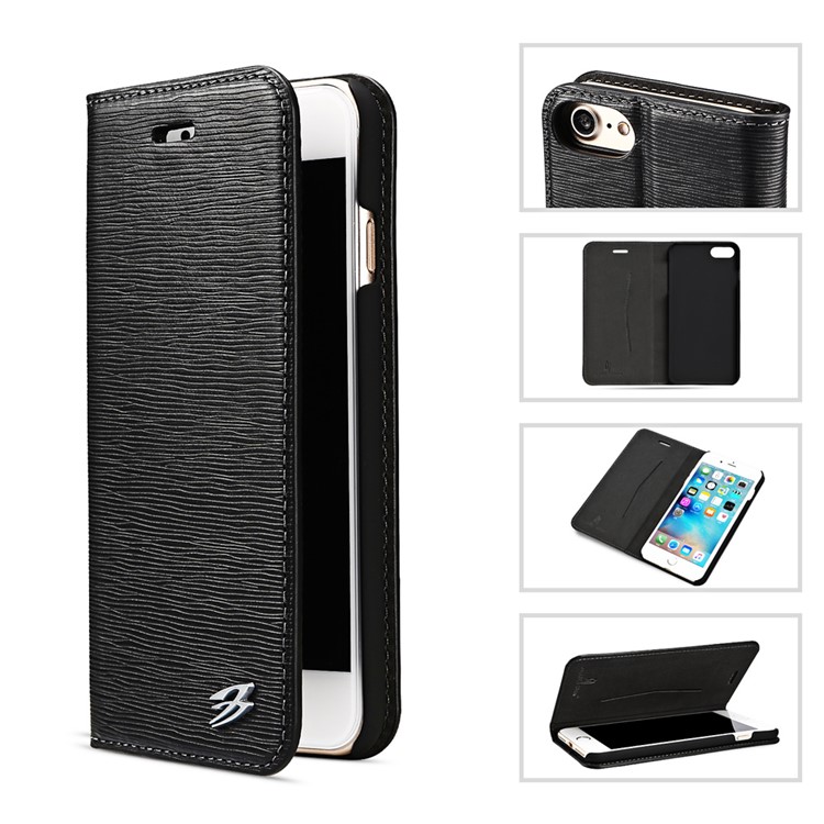 FIERRE SHANN Toothpick Grain Genuine Leather Flip Case for iPhone 7 4.7 Inch - Black-3