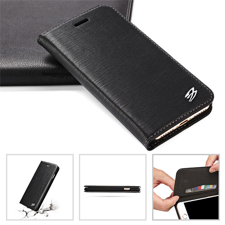 FIERRE SHANN Toothpick Grain Genuine Leather Flip Case for iPhone 7 4.7 Inch - Black-4