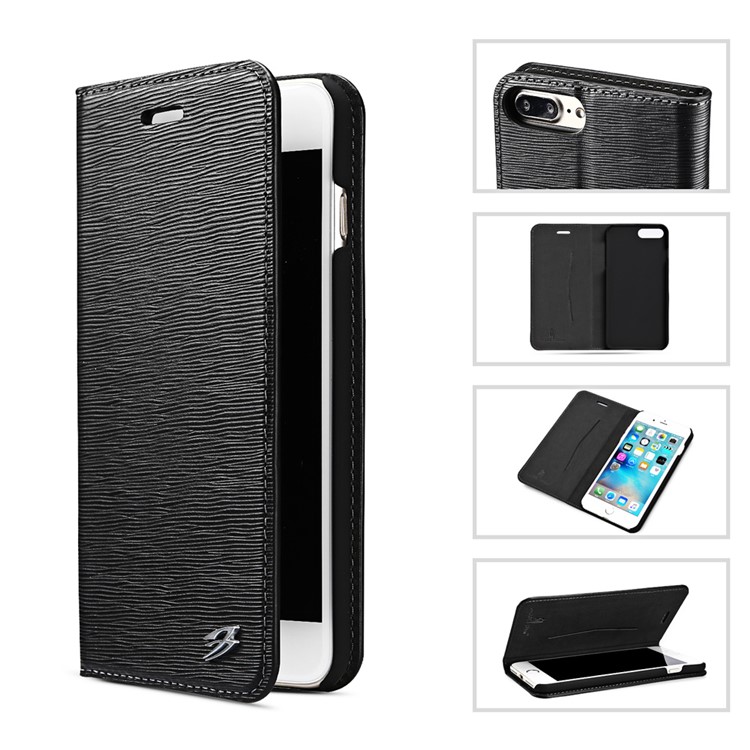 FIERRE SHANN Toothpick Grain Genuine Leather Case for iPhone 7 Plus 5.5 Inch - Black-1